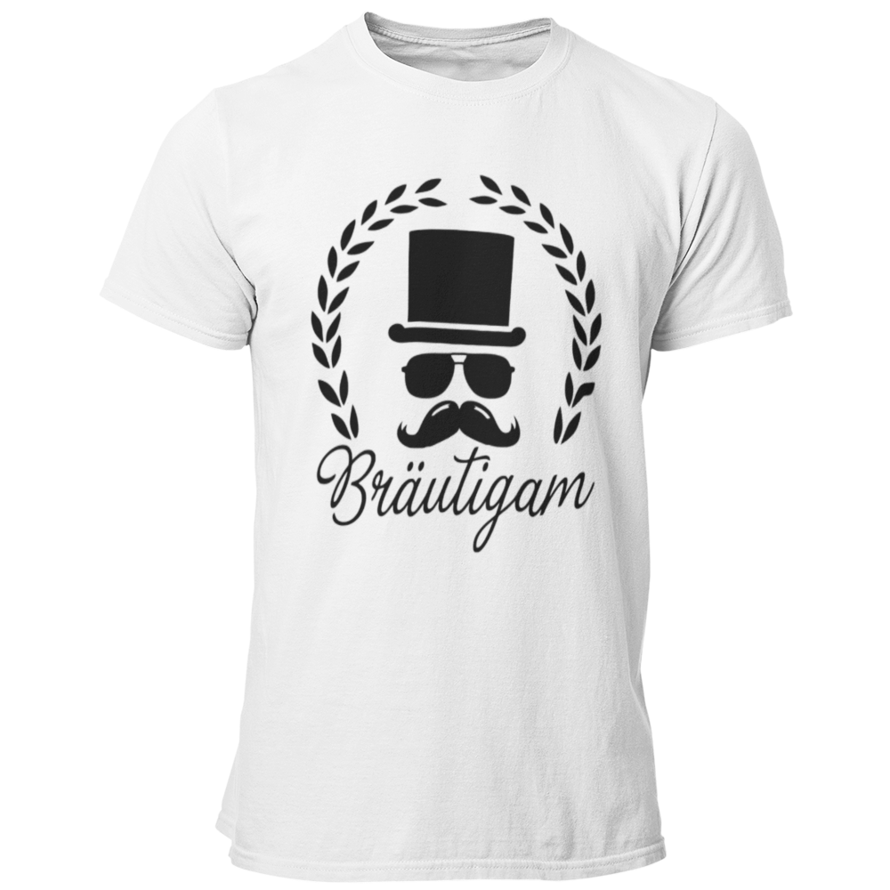 JGA T-Shirt 'Bräutigam mit Hut', das stilvoll und schlicht gestaltet ist. Das Shirt zeigt eine stilisierte Grafik eines Bräutigams mit Brille, Schnurrbart und Zylinder, umgeben von einem Lorbeerkranz. Der elegante Schriftzug 'Bräutigam' in Schreibschrift lockert das Design auf. Dieses gerade geschnittene T-Shirt ist in vielen Farben erhältlich und eignet sich perfekt für den Junggesellenabschied, ohne dabei albern oder kitschig zu wirken. Es ist ideal für Bräutigame, die ein geschmackvolles und ansprechende