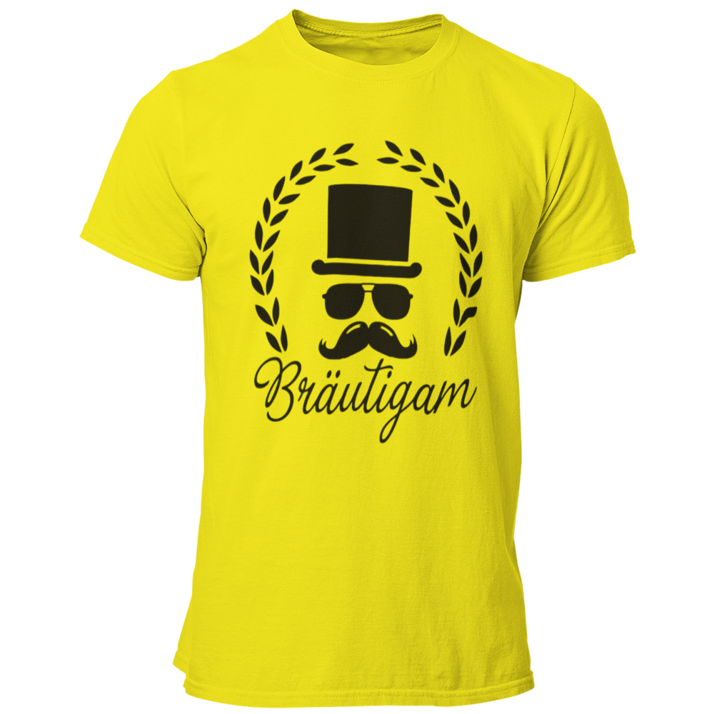 JGA T-Shirt 'Bräutigam mit Hut', das stilvoll und schlicht gestaltet ist. Das Shirt zeigt eine stilisierte Grafik eines Bräutigams mit Brille, Schnurrbart und Zylinder, umgeben von einem Lorbeerkranz. Der elegante Schriftzug 'Bräutigam' in Schreibschrift lockert das Design auf. Dieses gerade geschnittene T-Shirt ist in vielen Farben erhältlich und eignet sich perfekt für den Junggesellenabschied, ohne dabei albern oder kitschig zu wirken. Es ist ideal für Bräutigame, die ein geschmackvolles und ansprechende