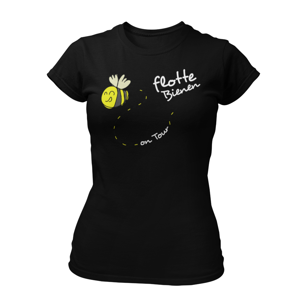 Eng tailliertes JGA-Shirt „On Tour“ im Bienenstyle mit lustigem Design, erhältlich in verschiedenen Farben und Größen. Perfekt für einen fröhlichen Junggesellinnenabschied.