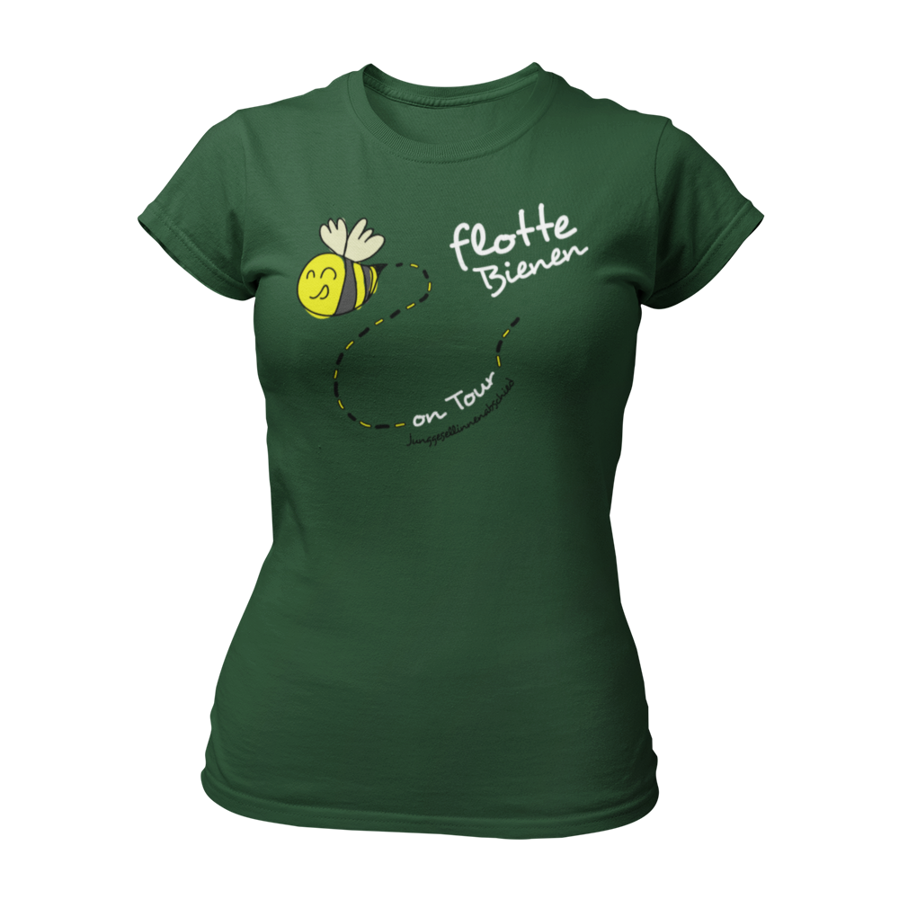 Eng tailliertes JGA-Shirt „On Tour“ im Bienenstyle mit lustigem Design, erhältlich in verschiedenen Farben und Größen. Perfekt für einen fröhlichen Junggesellinnenabschied.