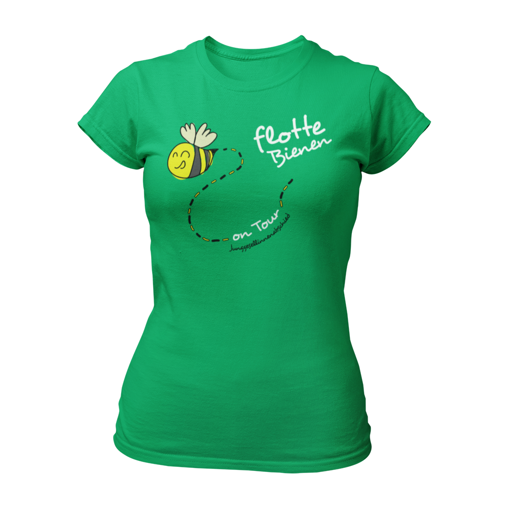 Eng tailliertes JGA-Shirt „On Tour“ im Bienenstyle mit lustigem Design, erhältlich in verschiedenen Farben und Größen. Perfekt für einen fröhlichen Junggesellinnenabschied.