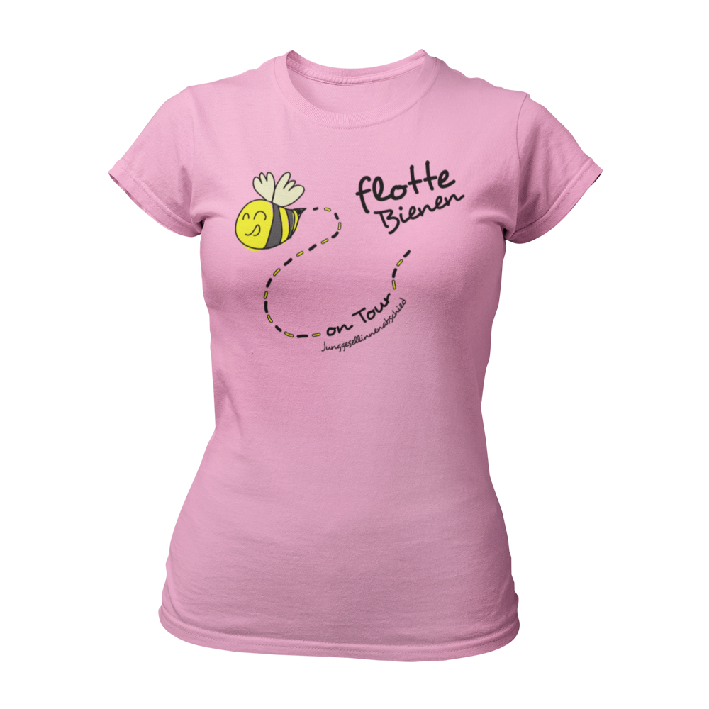 Eng tailliertes JGA-Shirt „On Tour“ im Bienenstyle mit lustigem Design, erhältlich in verschiedenen Farben und Größen. Perfekt für einen fröhlichen Junggesellinnenabschied.