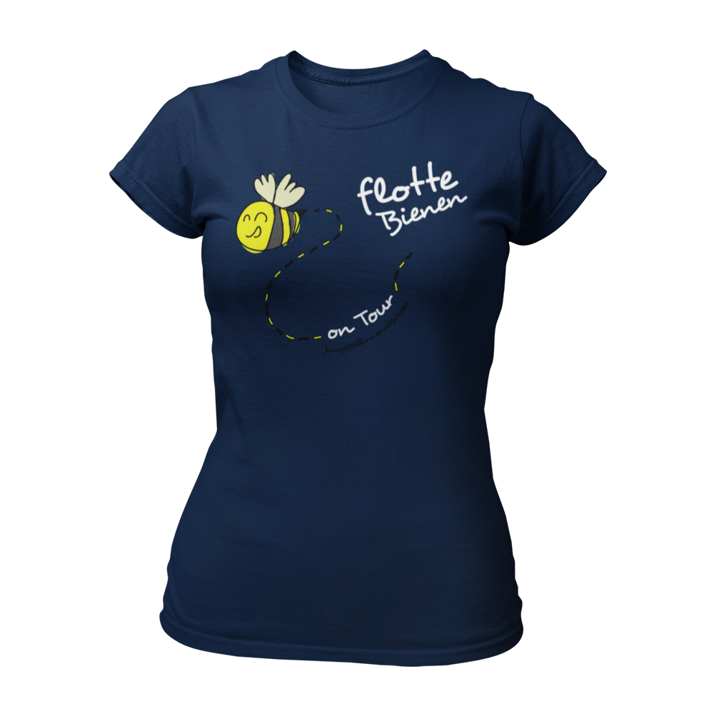 Eng tailliertes JGA-Shirt „On Tour“ im Bienenstyle mit lustigem Design, erhältlich in verschiedenen Farben und Größen. Perfekt für einen fröhlichen Junggesellinnenabschied.