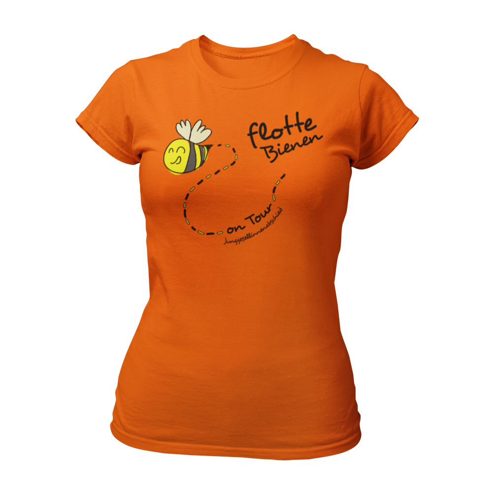 Eng tailliertes JGA-Shirt „On Tour“ im Bienenstyle mit lustigem Design, erhältlich in verschiedenen Farben und Größen. Perfekt für einen fröhlichen Junggesellinnenabschied.