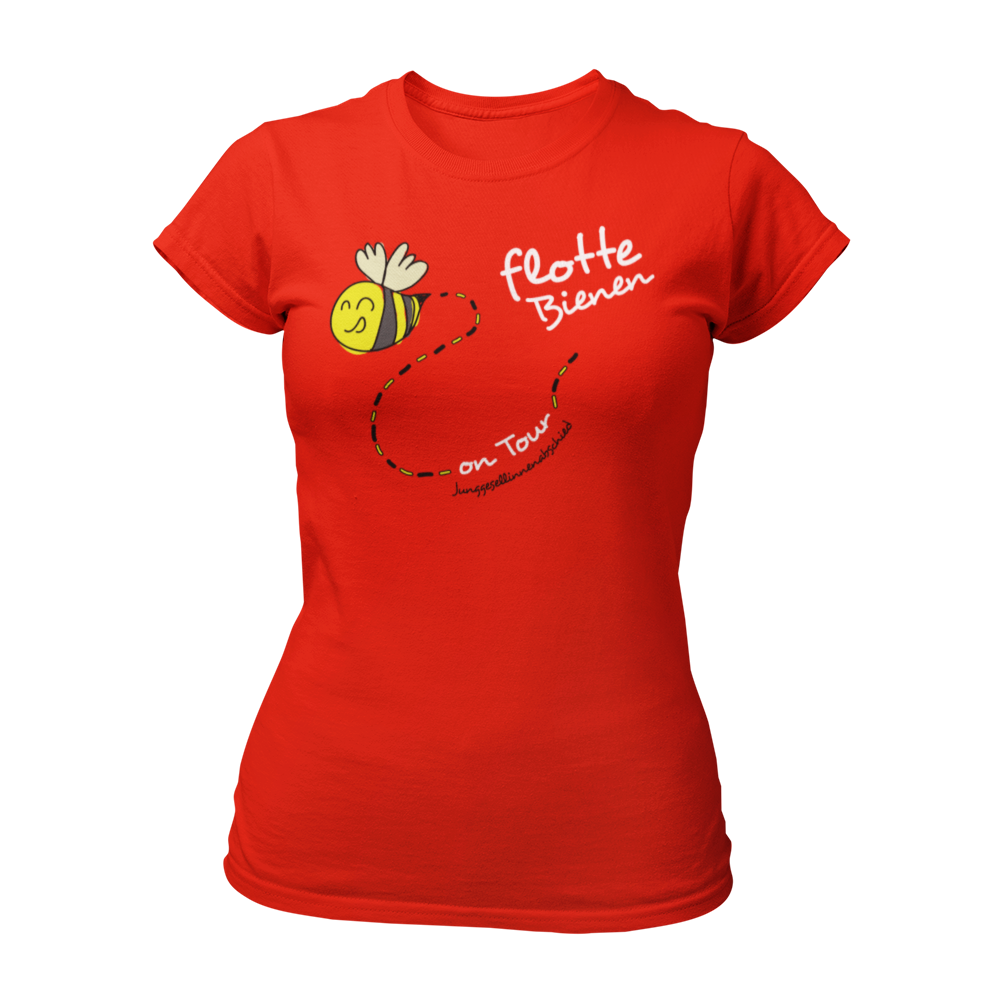 Eng tailliertes JGA-Shirt „On Tour“ im Bienenstyle mit lustigem Design, erhältlich in verschiedenen Farben und Größen. Perfekt für einen fröhlichen Junggesellinnenabschied.