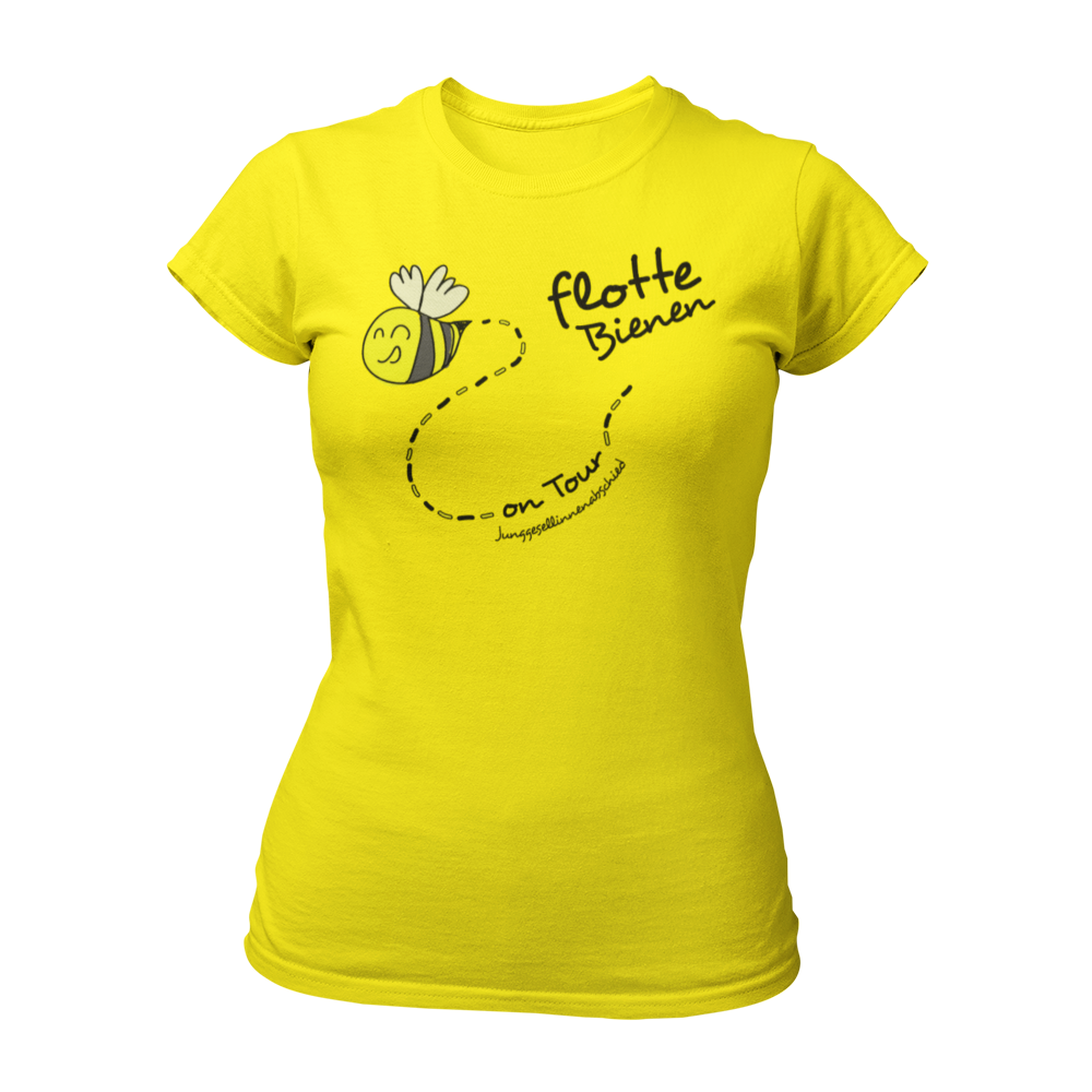 Eng tailliertes JGA-Shirt „On Tour“ im Bienenstyle mit lustigem Design, erhältlich in verschiedenen Farben und Größen. Perfekt für einen fröhlichen Junggesellinnenabschied.
