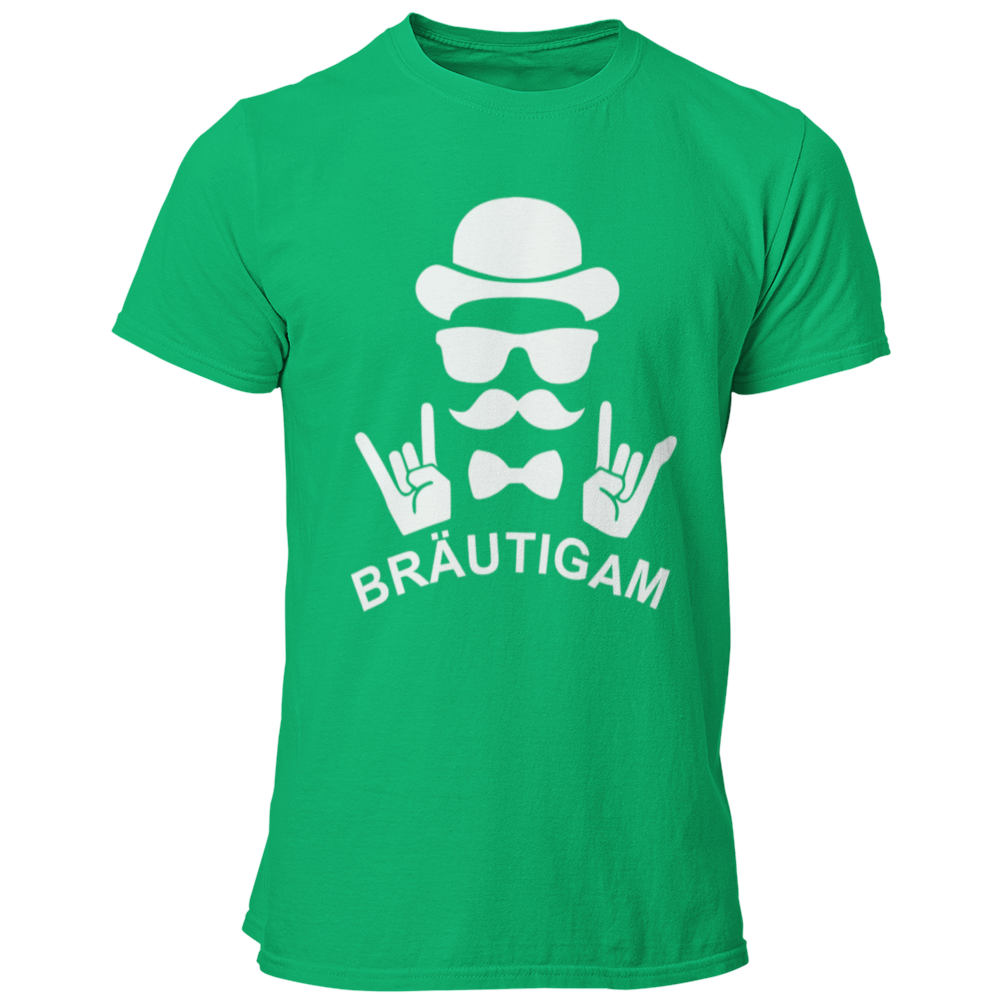 JGA T-Shirt mit dem Aufdruck „Bräutigam Rockt“, entworfen für den Junggesellenabschied, in stylischem Design für den Bräutigam.