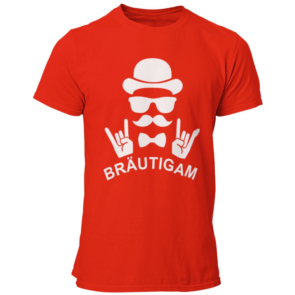 JGA T-Shirt mit dem Aufdruck „Bräutigam Rockt“, entworfen für den Junggesellenabschied, in stylischem Design für den Bräutigam.
