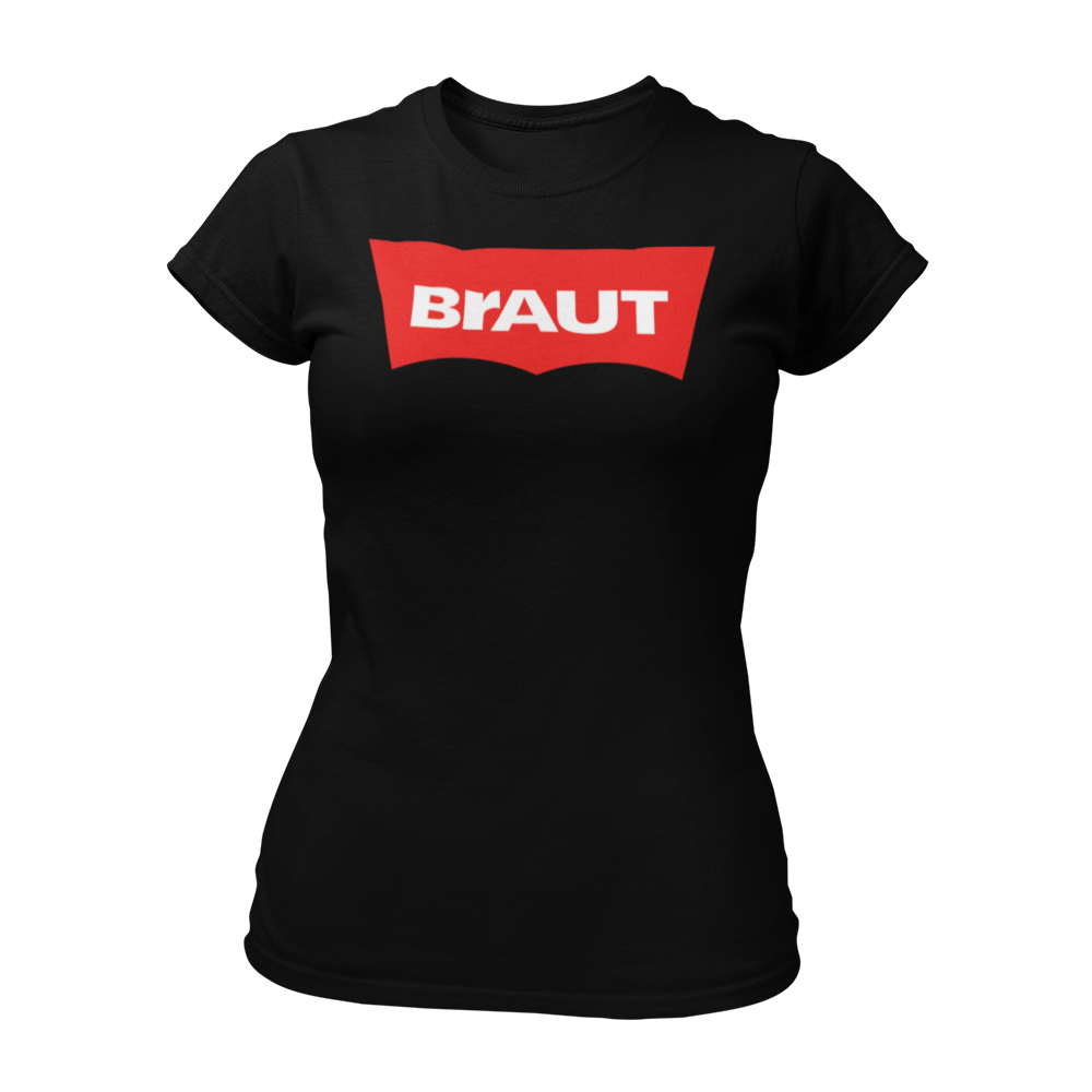 JGA T-Shirt 'Label BRAUT' mit modernem, schlichtem Design und klaren Buchstaben. Ideal für die Braut, kurzärmlig und im Damenschnitt, erhältlich in angesagten Farben für den Junggesellinnenabschied