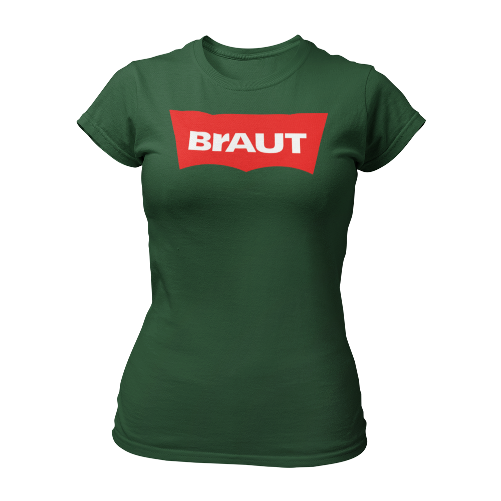 JGA T-Shirt 'Label BRAUT' mit modernem, schlichtem Design und klaren Buchstaben. Ideal für die Braut, kurzärmlig und im Damenschnitt, erhältlich in angesagten Farben für den Junggesellinnenabschied