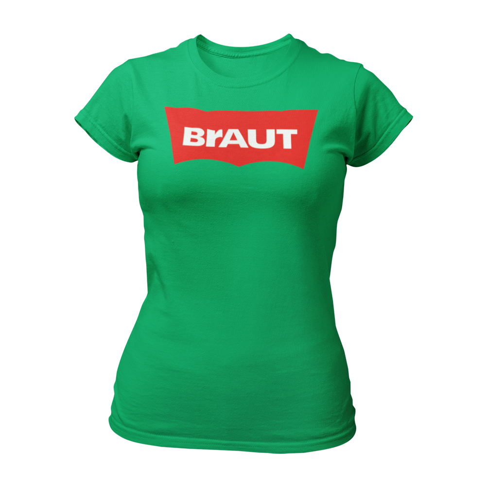 JGA T-Shirt 'Label BRAUT' mit modernem, schlichtem Design und klaren Buchstaben. Ideal für die Braut, kurzärmlig und im Damenschnitt, erhältlich in angesagten Farben für den Junggesellinnenabschied