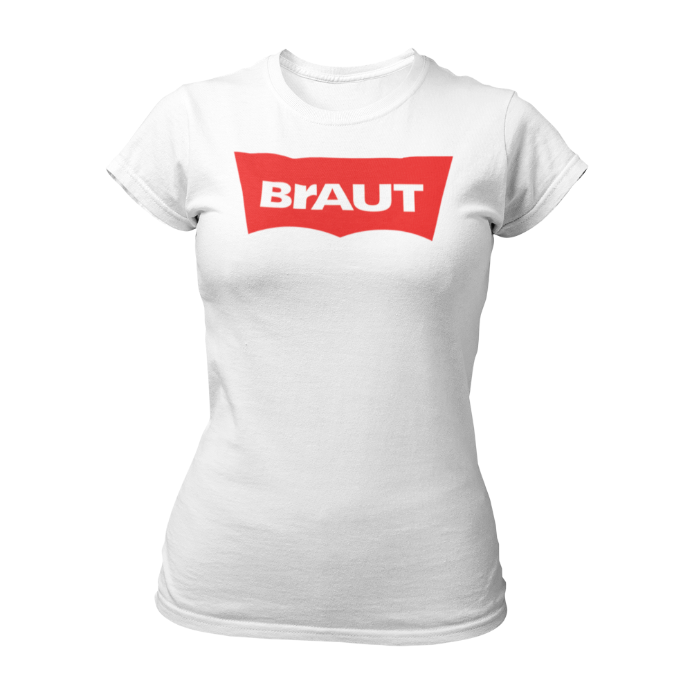 JGA T-Shirt 'Label BRAUT' mit modernem, schlichtem Design und klaren Buchstaben. Ideal für die Braut, kurzärmlig und im Damenschnitt, erhältlich in angesagten Farben für den Junggesellinnenabschied