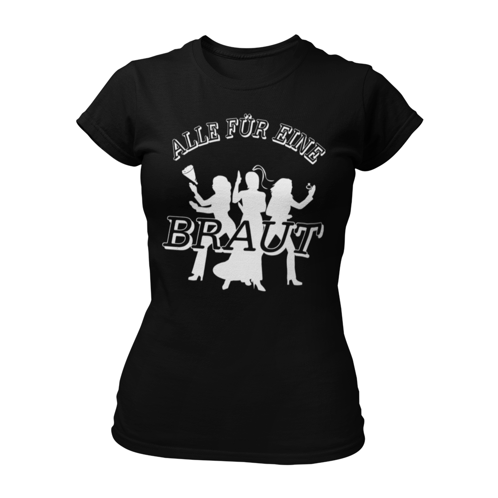 JGA T-Shirt "Alle für Eine" für die Braut, im schlichten James-Bond-Stil. Das Damen-Shirt zeigt die Silhouetten von drei Frauen mit einem Ring und einem Brautstrauß, ergänzt durch den großen Schriftzug "Alle für Eine" und die Aufschrift "Braut" auf der Brust. Das Shirt hat einen taillierten Damenschnitt und ist in verschiedenen Farben erhältlich, um die Hauptperson des Junggesellinnenabends stilvoll zu präsentieren.