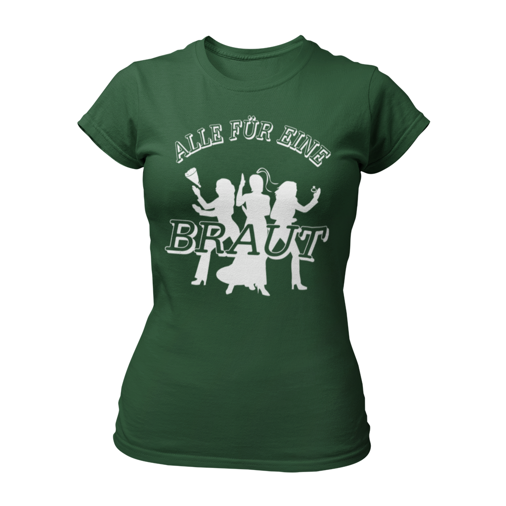 JGA T-Shirt "Alle für Eine" für die Braut, im schlichten James-Bond-Stil. Das Damen-Shirt zeigt die Silhouetten von drei Frauen mit einem Ring und einem Brautstrauß, ergänzt durch den großen Schriftzug "Alle für Eine" und die Aufschrift "Braut" auf der Brust. Das Shirt hat einen taillierten Damenschnitt und ist in verschiedenen Farben erhältlich, um die Hauptperson des Junggesellinnenabends stilvoll zu präsentieren.