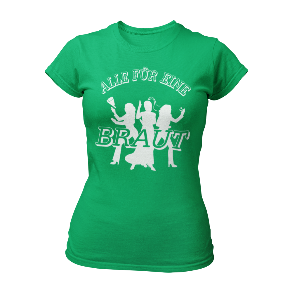 JGA T-Shirt "Alle für Eine" für die Braut, im schlichten James-Bond-Stil. Das Damen-Shirt zeigt die Silhouetten von drei Frauen mit einem Ring und einem Brautstrauß, ergänzt durch den großen Schriftzug "Alle für Eine" und die Aufschrift "Braut" auf der Brust. Das Shirt hat einen taillierten Damenschnitt und ist in verschiedenen Farben erhältlich, um die Hauptperson des Junggesellinnenabends stilvoll zu präsentieren.