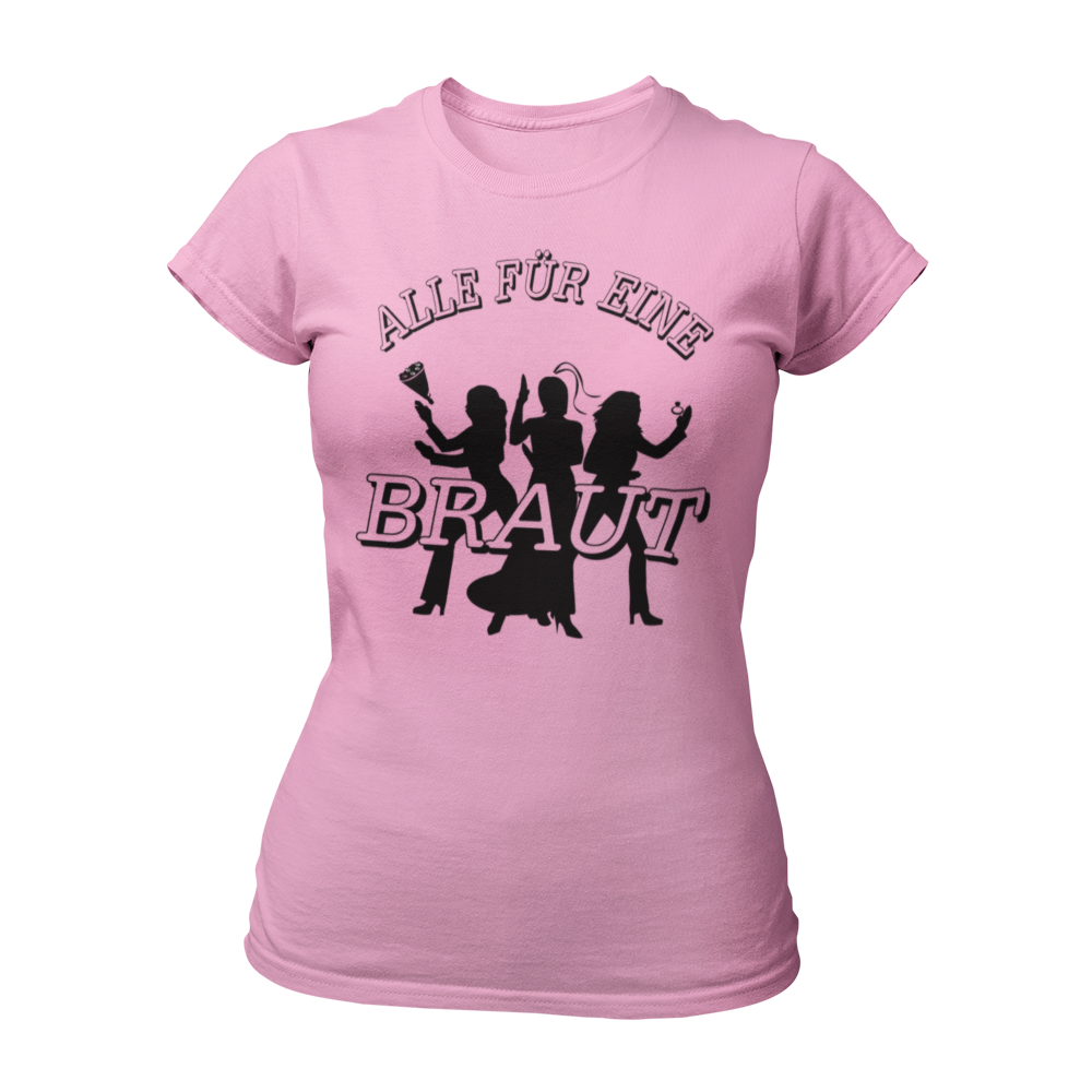 JGA T-Shirt "Alle für Eine" für die Braut, im schlichten James-Bond-Stil. Das Damen-Shirt zeigt die Silhouetten von drei Frauen mit einem Ring und einem Brautstrauß, ergänzt durch den großen Schriftzug "Alle für Eine" und die Aufschrift "Braut" auf der Brust. Das Shirt hat einen taillierten Damenschnitt und ist in verschiedenen Farben erhältlich, um die Hauptperson des Junggesellinnenabends stilvoll zu präsentieren.