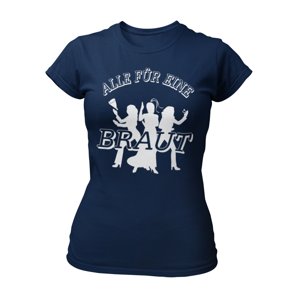 JGA T-Shirt "Alle für Eine" für die Braut, im schlichten James-Bond-Stil. Das Damen-Shirt zeigt die Silhouetten von drei Frauen mit einem Ring und einem Brautstrauß, ergänzt durch den großen Schriftzug "Alle für Eine" und die Aufschrift "Braut" auf der Brust. Das Shirt hat einen taillierten Damenschnitt und ist in verschiedenen Farben erhältlich, um die Hauptperson des Junggesellinnenabends stilvoll zu präsentieren.