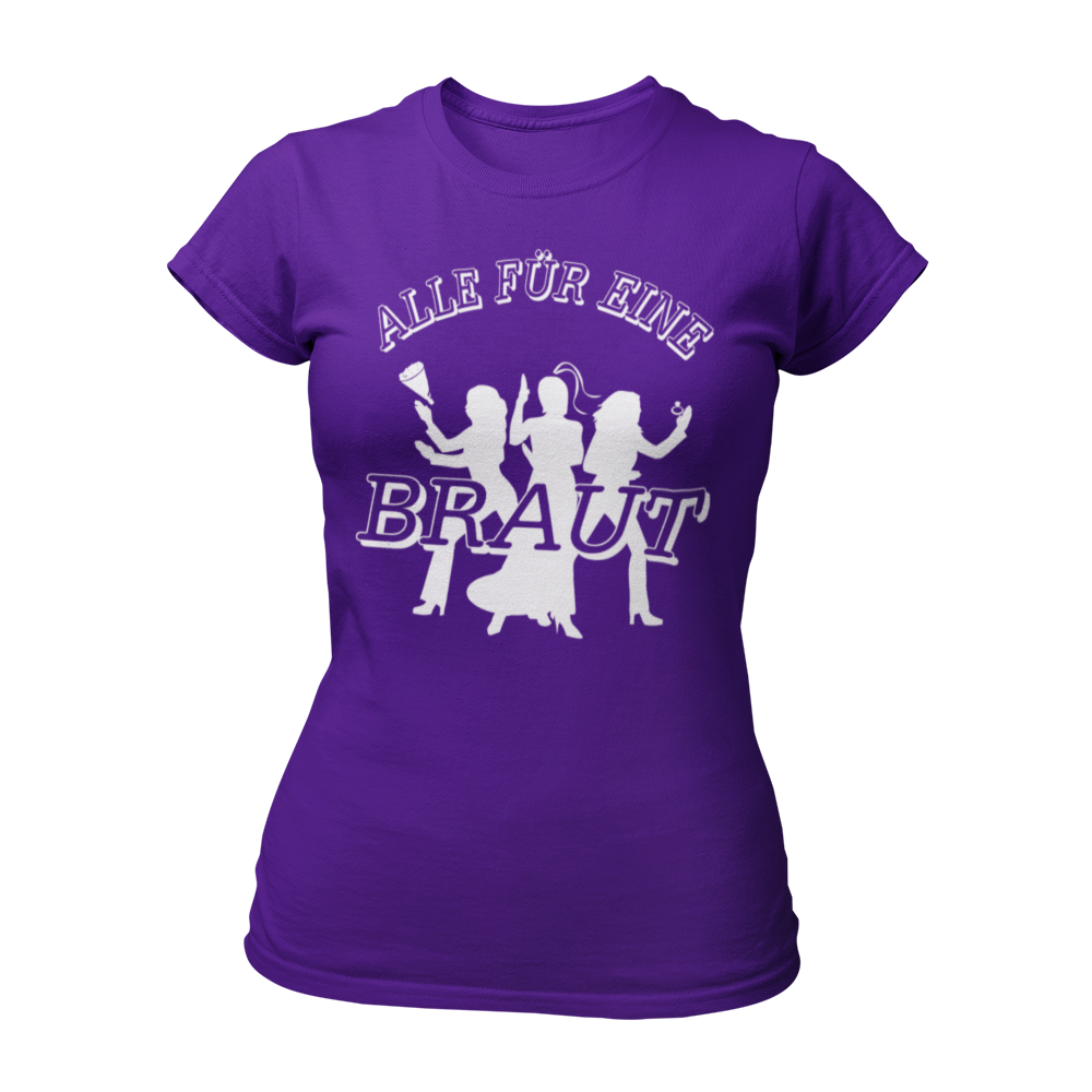 JGA T-Shirt "Alle für Eine" für die Braut, im schlichten James-Bond-Stil. Das Damen-Shirt zeigt die Silhouetten von drei Frauen mit einem Ring und einem Brautstrauß, ergänzt durch den großen Schriftzug "Alle für Eine" und die Aufschrift "Braut" auf der Brust. Das Shirt hat einen taillierten Damenschnitt und ist in verschiedenen Farben erhältlich, um die Hauptperson des Junggesellinnenabends stilvoll zu präsentieren.