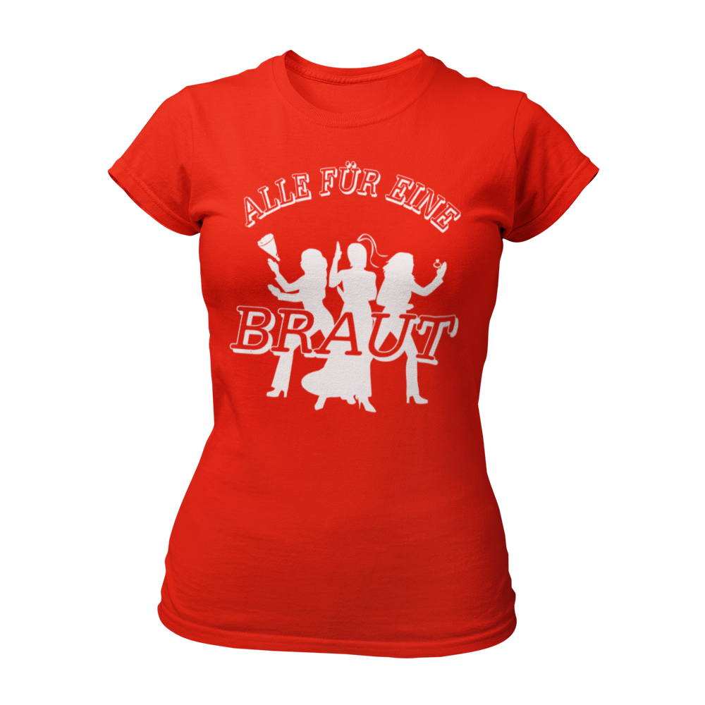 JGA T-Shirt "Alle für Eine" für die Braut, im schlichten James-Bond-Stil. Das Damen-Shirt zeigt die Silhouetten von drei Frauen mit einem Ring und einem Brautstrauß, ergänzt durch den großen Schriftzug "Alle für Eine" und die Aufschrift "Braut" auf der Brust. Das Shirt hat einen taillierten Damenschnitt und ist in verschiedenen Farben erhältlich, um die Hauptperson des Junggesellinnenabends stilvoll zu präsentieren.