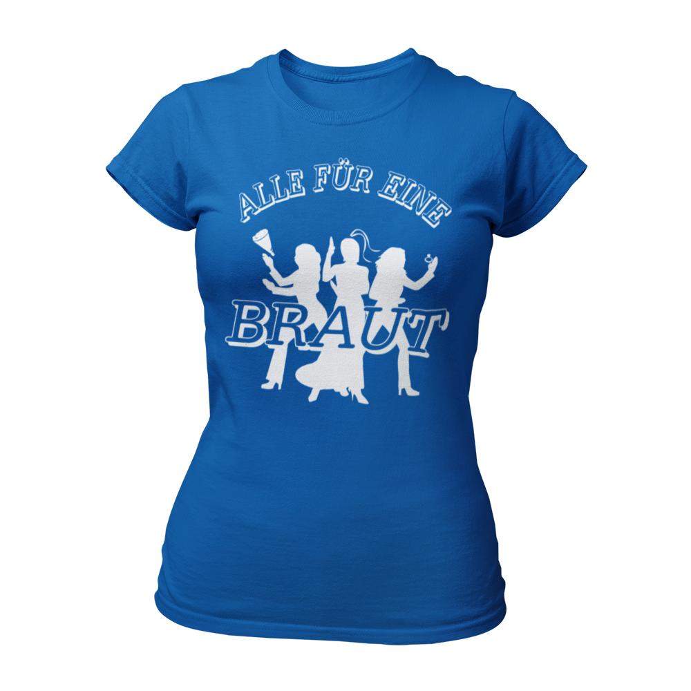 JGA T-Shirt "Alle für Eine" für die Braut, im schlichten James-Bond-Stil. Das Damen-Shirt zeigt die Silhouetten von drei Frauen mit einem Ring und einem Brautstrauß, ergänzt durch den großen Schriftzug "Alle für Eine" und die Aufschrift "Braut" auf der Brust. Das Shirt hat einen taillierten Damenschnitt und ist in verschiedenen Farben erhältlich, um die Hauptperson des Junggesellinnenabends stilvoll zu präsentieren.