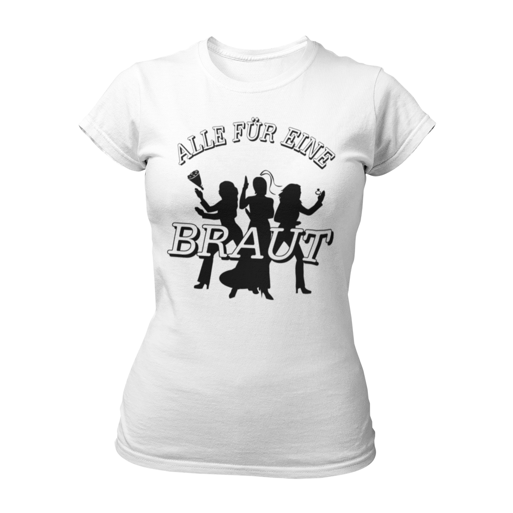 JGA T-Shirt "Alle für Eine" für die Braut, im schlichten James-Bond-Stil. Das Damen-Shirt zeigt die Silhouetten von drei Frauen mit einem Ring und einem Brautstrauß, ergänzt durch den großen Schriftzug "Alle für Eine" und die Aufschrift "Braut" auf der Brust. Das Shirt hat einen taillierten Damenschnitt und ist in verschiedenen Farben erhältlich, um die Hauptperson des Junggesellinnenabends stilvoll zu präsentieren.