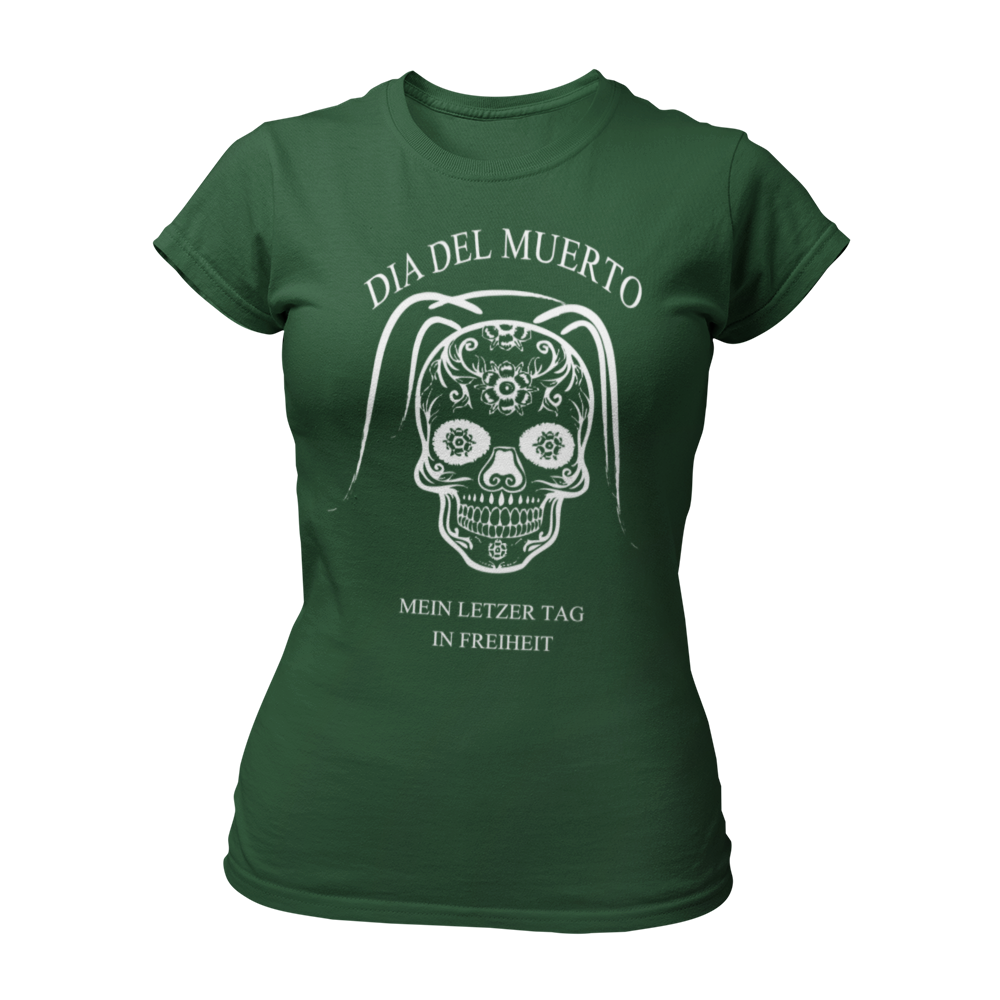 JGA T-Shirt 'Dia del Muerto - Letzter Tag' mit floralem Totenkopf und Schleier im Popart-Stil. Feminin geschnitten, mit kurzen Ärmeln und Rundhalsausschnitt. Erhältlich in mehreren Farben, ideal für Rock n Roller und Hardrocker, um den letzten Tag in Freiheit zu feiern.