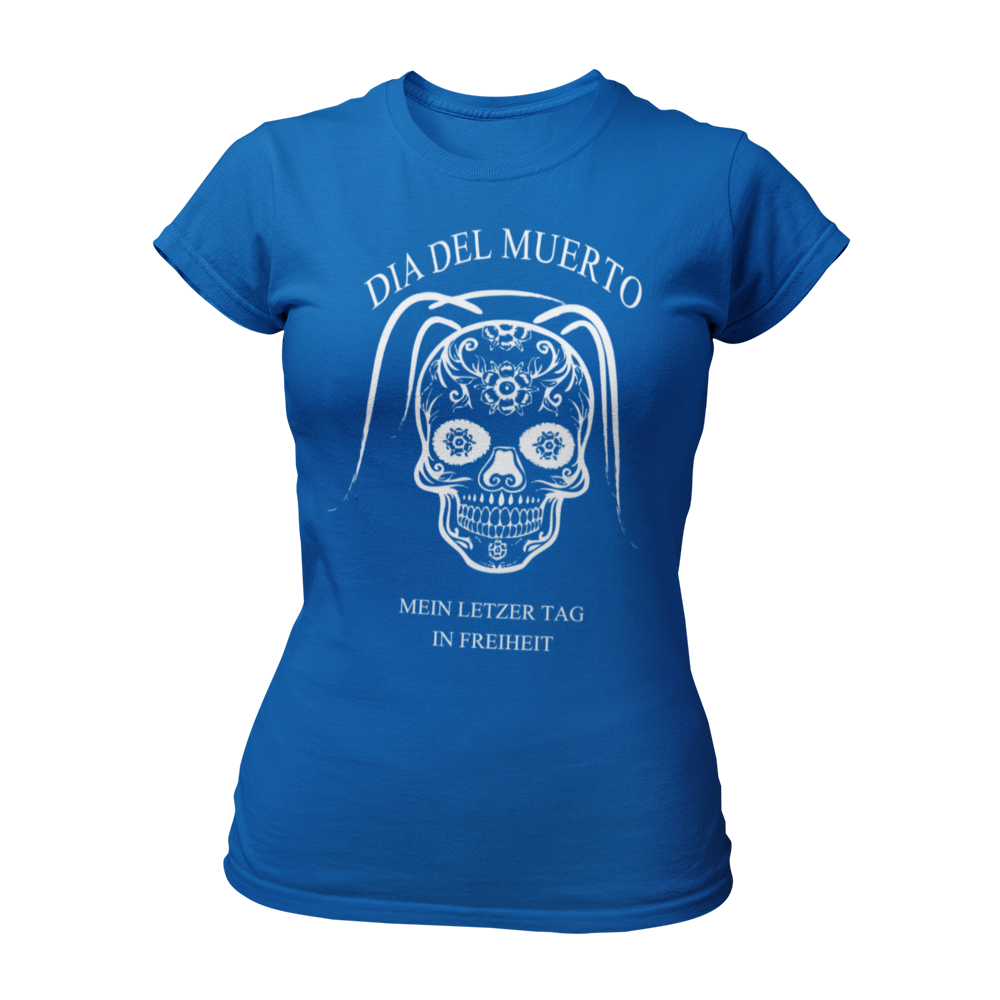 JGA T-Shirt 'Dia del Muerto - Letzter Tag' mit floralem Totenkopf und Schleier im Popart-Stil. Feminin geschnitten, mit kurzen Ärmeln und Rundhalsausschnitt. Erhältlich in mehreren Farben, ideal für Rock n Roller und Hardrocker, um den letzten Tag in Freiheit zu feiern.