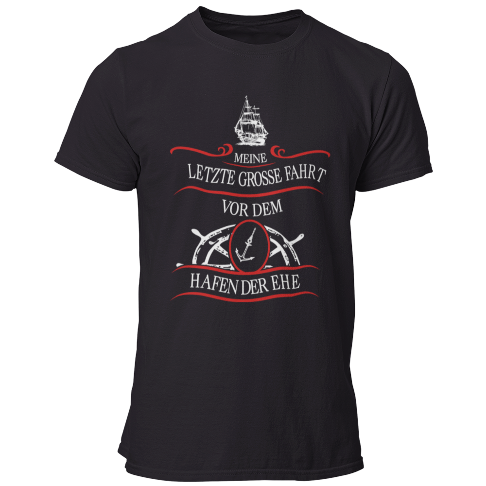 JGA T-Shirt mit dem maritimen Motiv „Hafen der Ehe“, das einen Anker und ein Steuerrad zeigt, um den letzten Abend in Freiheit humorvoll zu zelebrieren. Das Shirt ist in verschiedenen Farben erhältlich und ideal für den Bräutigam und seine Begleiter.