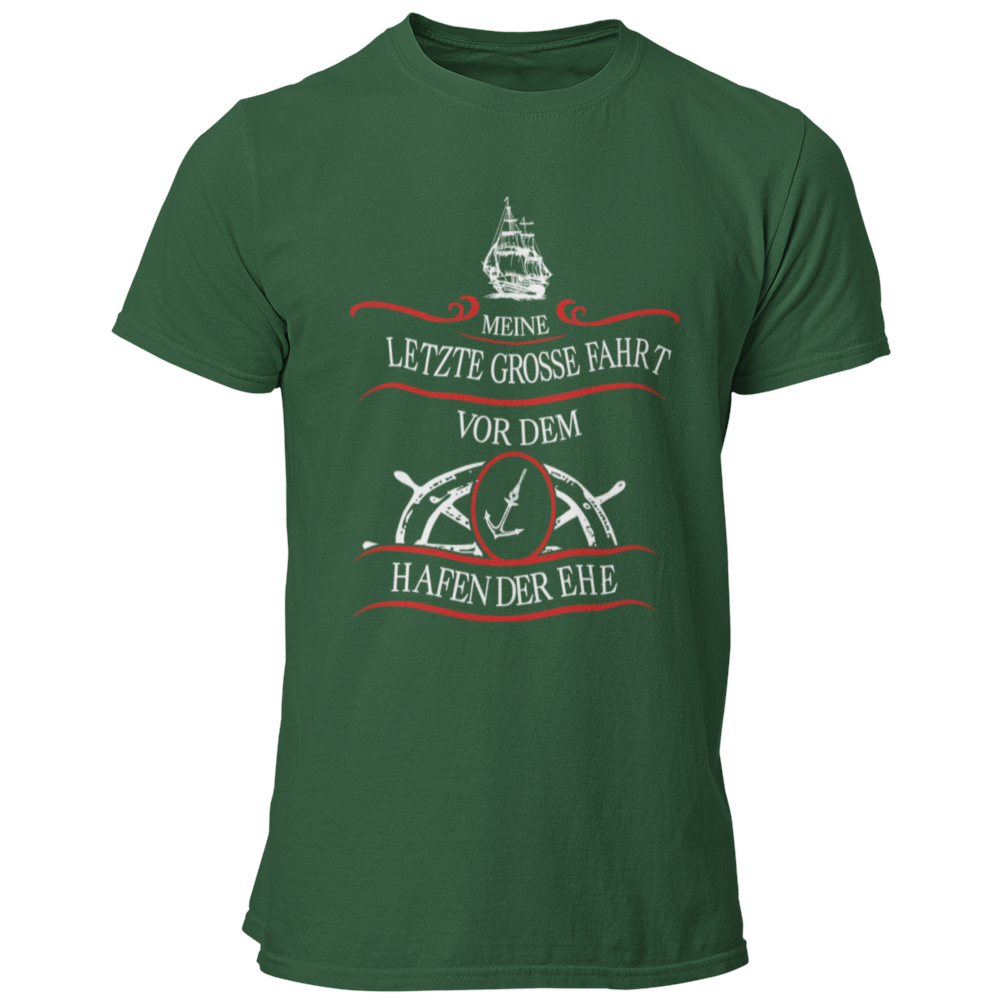 JGA T-Shirt mit dem maritimen Motiv „Hafen der Ehe“, das einen Anker und ein Steuerrad zeigt, um den letzten Abend in Freiheit humorvoll zu zelebrieren. Das Shirt ist in verschiedenen Farben erhältlich und ideal für den Bräutigam und seine Begleiter.