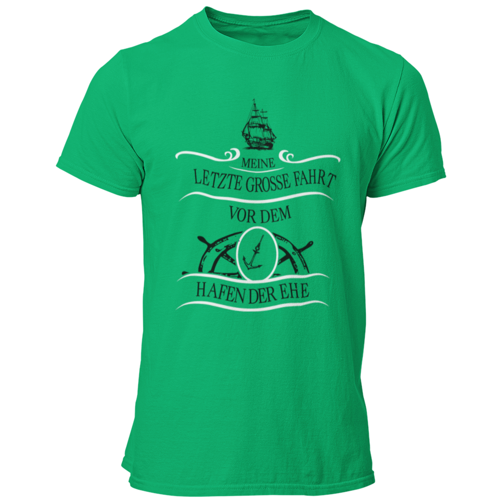 JGA T-Shirt mit dem maritimen Motiv „Hafen der Ehe“, das einen Anker und ein Steuerrad zeigt, um den letzten Abend in Freiheit humorvoll zu zelebrieren. Das Shirt ist in verschiedenen Farben erhältlich und ideal für den Bräutigam und seine Begleiter.