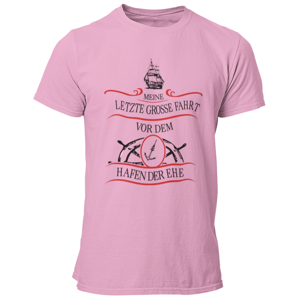JGA T-Shirt mit dem maritimen Motiv „Hafen der Ehe“, das einen Anker und ein Steuerrad zeigt, um den letzten Abend in Freiheit humorvoll zu zelebrieren. Das Shirt ist in verschiedenen Farben erhältlich und ideal für den Bräutigam und seine Begleiter.