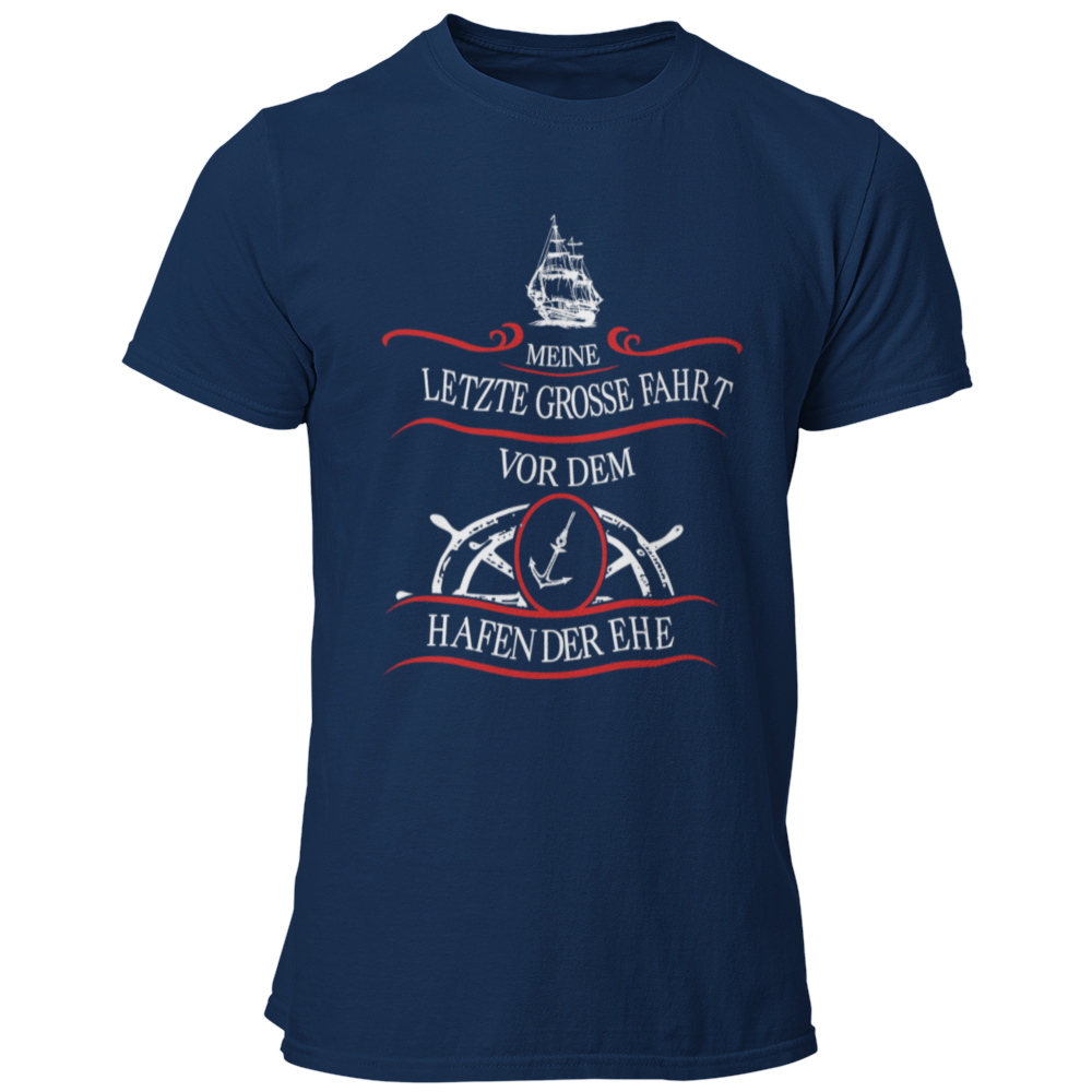 JGA T-Shirt mit dem maritimen Motiv „Hafen der Ehe“, das einen Anker und ein Steuerrad zeigt, um den letzten Abend in Freiheit humorvoll zu zelebrieren. Das Shirt ist in verschiedenen Farben erhältlich und ideal für den Bräutigam und seine Begleiter.