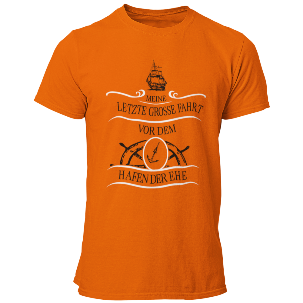 JGA T-Shirt mit dem maritimen Motiv „Hafen der Ehe“, das einen Anker und ein Steuerrad zeigt, um den letzten Abend in Freiheit humorvoll zu zelebrieren. Das Shirt ist in verschiedenen Farben erhältlich und ideal für den Bräutigam und seine Begleiter.