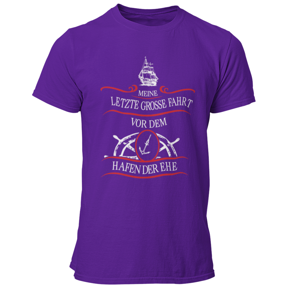 JGA T-Shirt mit dem maritimen Motiv „Hafen der Ehe“, das einen Anker und ein Steuerrad zeigt, um den letzten Abend in Freiheit humorvoll zu zelebrieren. Das Shirt ist in verschiedenen Farben erhältlich und ideal für den Bräutigam und seine Begleiter.