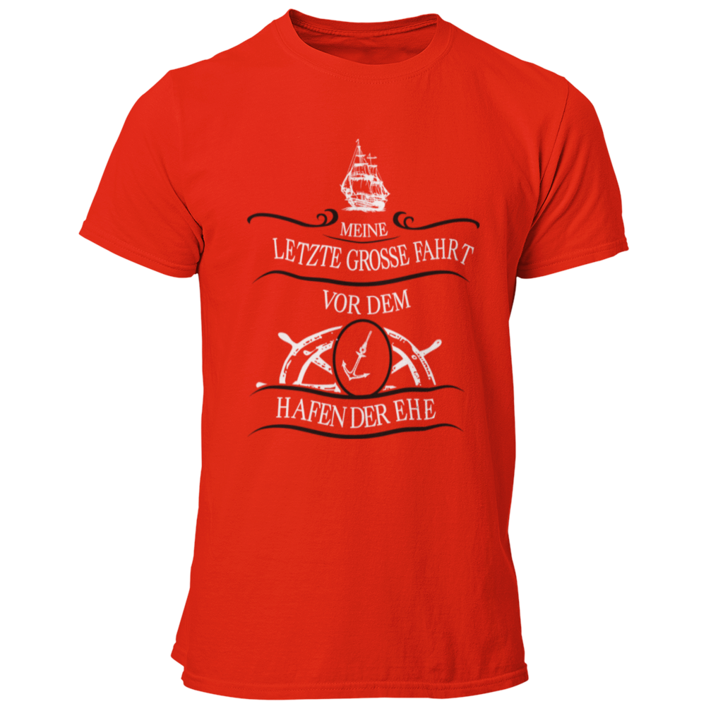 JGA T-Shirt mit dem maritimen Motiv „Hafen der Ehe“, das einen Anker und ein Steuerrad zeigt, um den letzten Abend in Freiheit humorvoll zu zelebrieren. Das Shirt ist in verschiedenen Farben erhältlich und ideal für den Bräutigam und seine Begleiter.