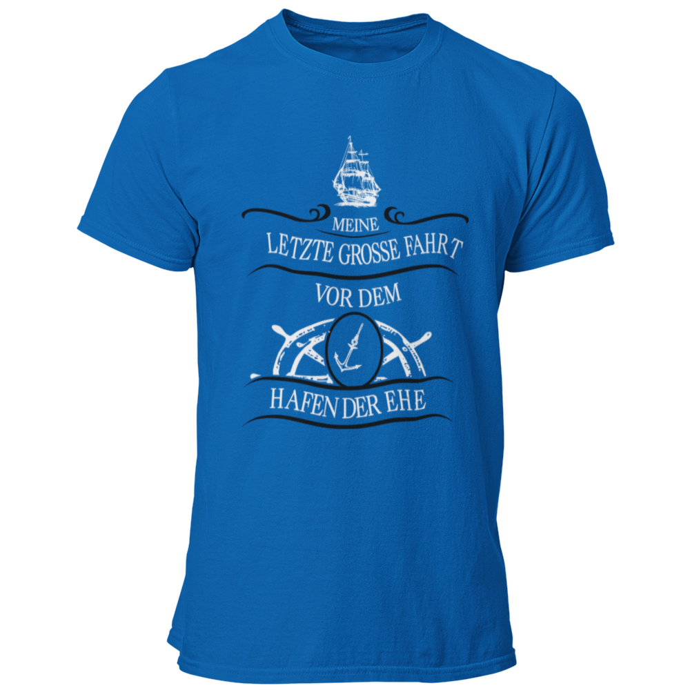 JGA T-Shirt mit dem maritimen Motiv „Hafen der Ehe“, das einen Anker und ein Steuerrad zeigt, um den letzten Abend in Freiheit humorvoll zu zelebrieren. Das Shirt ist in verschiedenen Farben erhältlich und ideal für den Bräutigam und seine Begleiter.