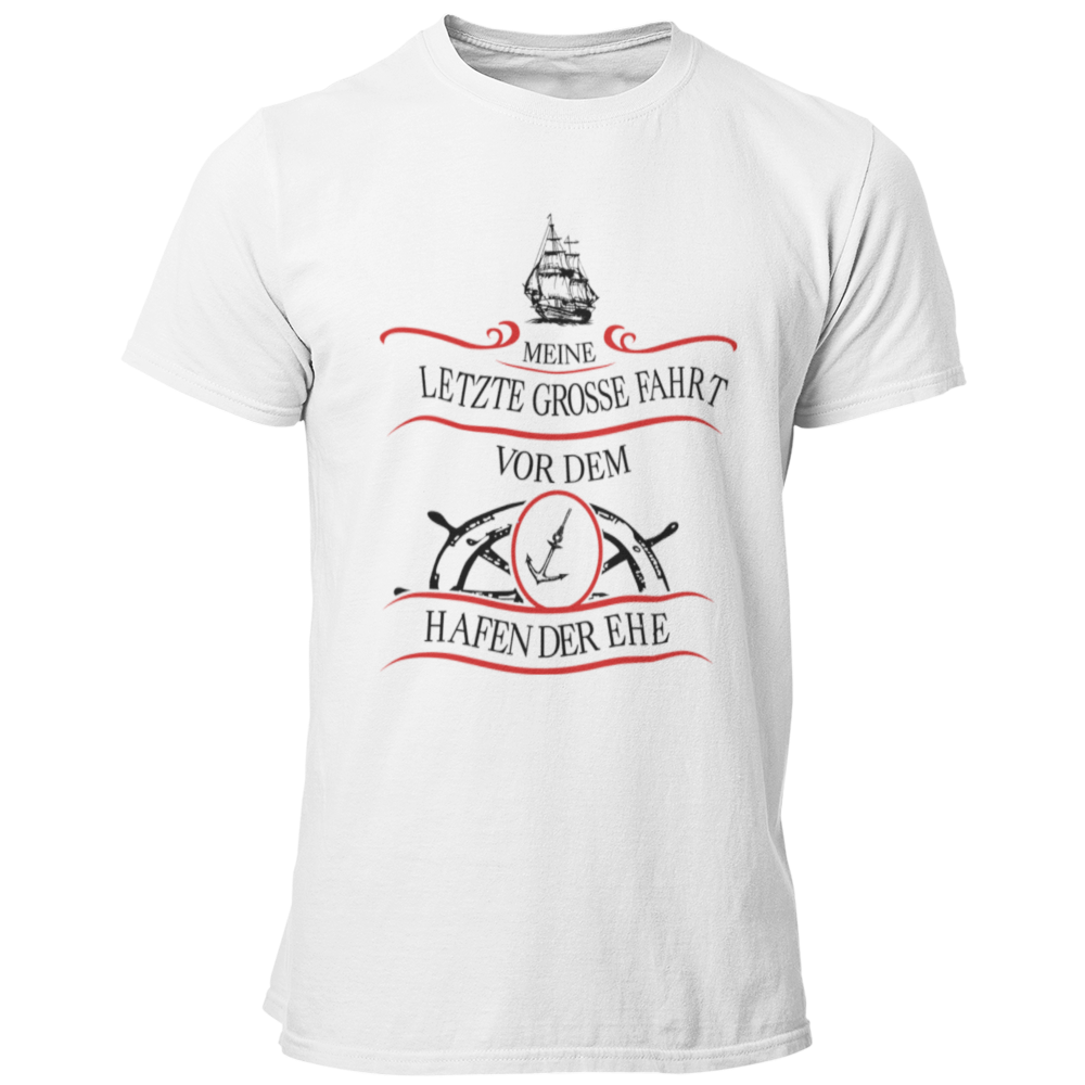 JGA T-Shirt mit dem maritimen Motiv „Hafen der Ehe“, das einen Anker und ein Steuerrad zeigt, um den letzten Abend in Freiheit humorvoll zu zelebrieren. Das Shirt ist in verschiedenen Farben erhältlich und ideal für den Bräutigam und seine Begleiter.