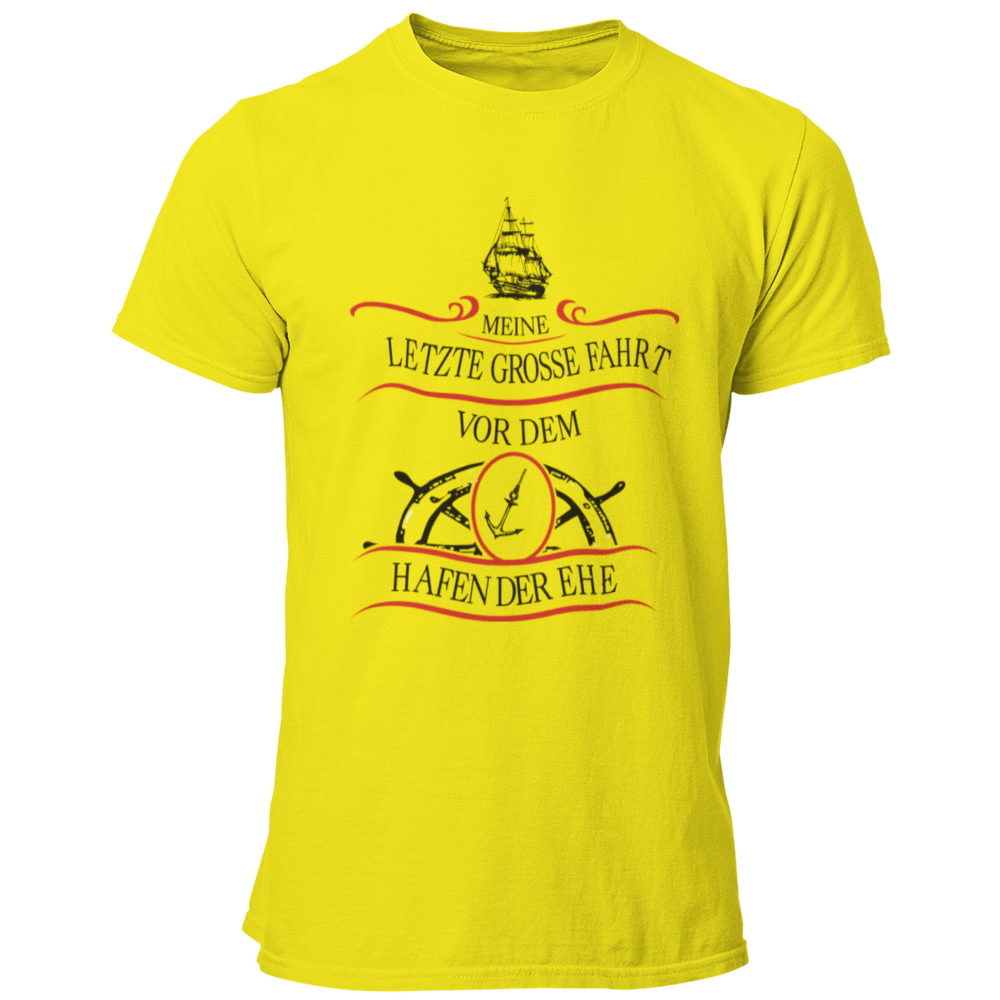 JGA T-Shirt mit dem maritimen Motiv „Hafen der Ehe“, das einen Anker und ein Steuerrad zeigt, um den letzten Abend in Freiheit humorvoll zu zelebrieren. Das Shirt ist in verschiedenen Farben erhältlich und ideal für den Bräutigam und seine Begleiter.