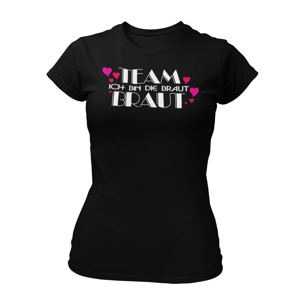 Damen-JGA T-Shirt mit dem Aufdruck "Team Braut" in pink-schwarzer Farbe, versehen mit herzförmigen Designs. Das Shirt hat einen taillierten Schnitt und einen Rundkragen, erhältlich in mehreren Farben. Hergestellt aus 100 % Baumwolle, um sicherzustellen, dass die Braut als Hauptakteurin des Junggesellinnenabschieds sofort erkennbar ist.