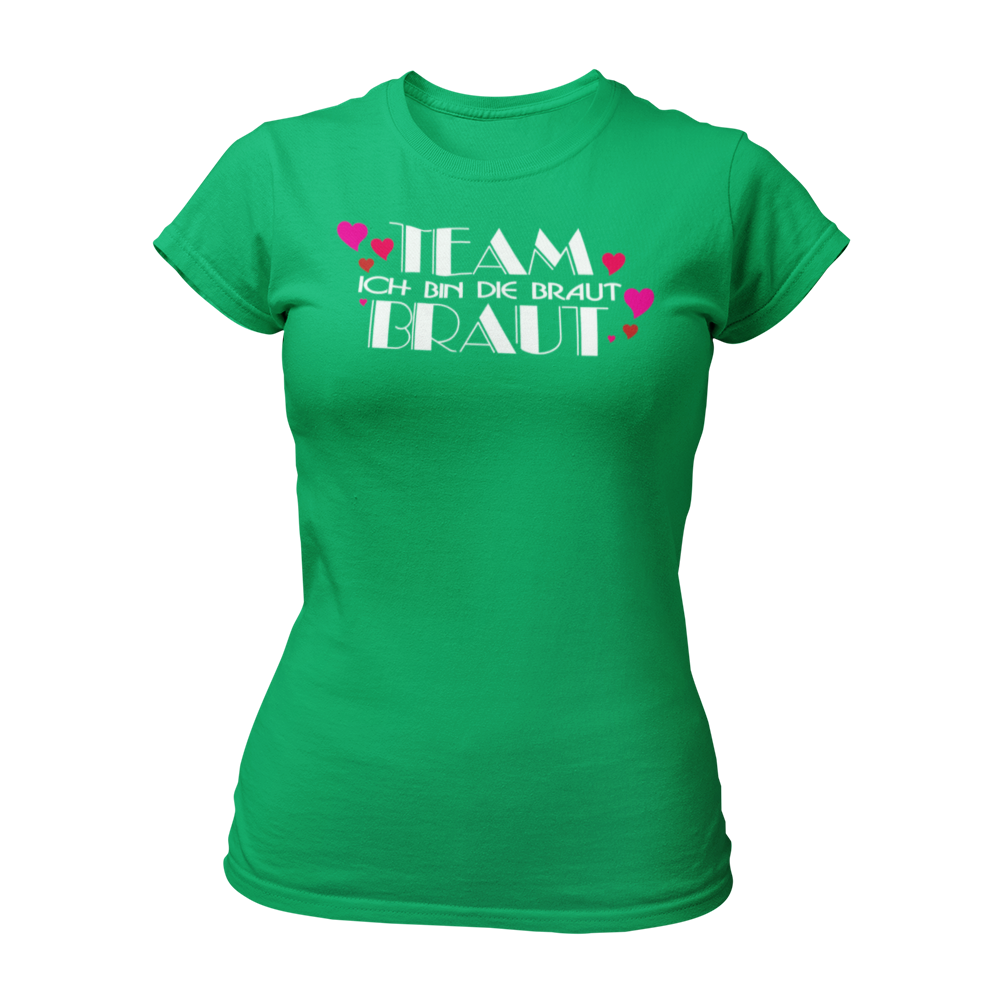 Damen-JGA T-Shirt mit dem Aufdruck "Team Braut" in pink-schwarzer Farbe, versehen mit herzförmigen Designs. Das Shirt hat einen taillierten Schnitt und einen Rundkragen, erhältlich in mehreren Farben. Hergestellt aus 100 % Baumwolle, um sicherzustellen, dass die Braut als Hauptakteurin des Junggesellinnenabschieds sofort erkennbar ist.