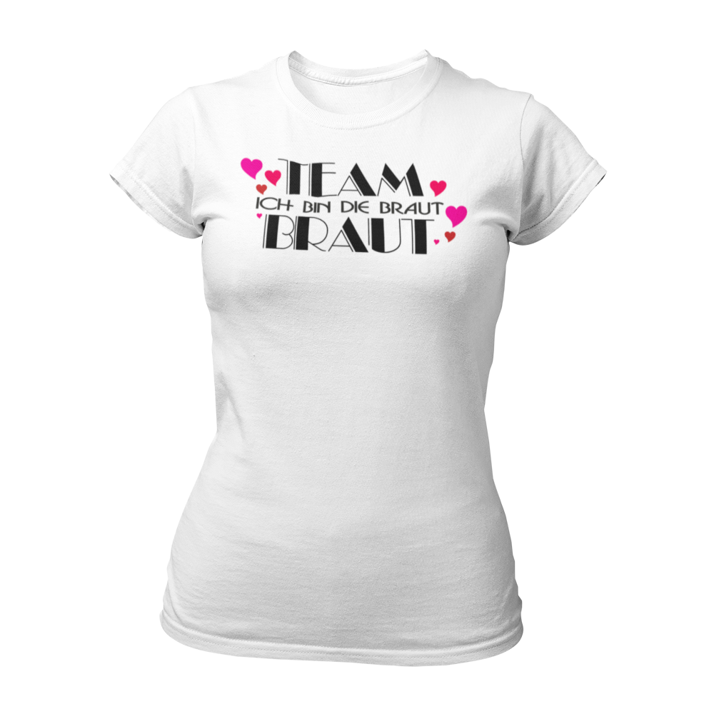 Damen-JGA T-Shirt mit dem Aufdruck "Team Braut" in pink-schwarzer Farbe, versehen mit herzförmigen Designs. Das Shirt hat einen taillierten Schnitt und einen Rundkragen, erhältlich in mehreren Farben. Hergestellt aus 100 % Baumwolle, um sicherzustellen, dass die Braut als Hauptakteurin des Junggesellinnenabschieds sofort erkennbar ist.