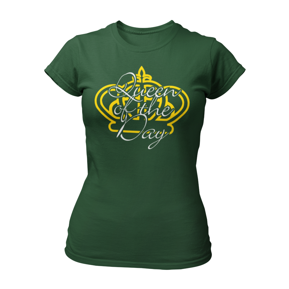 JGA T-Shirt "Queen of the Day" mit einer goldenen Krone und dem Schriftzug „Queen for a day“ in elegantem Schwarz und Gold. Ideal für die Braut und geeignet für verschiedene Feierlichkeiten.
