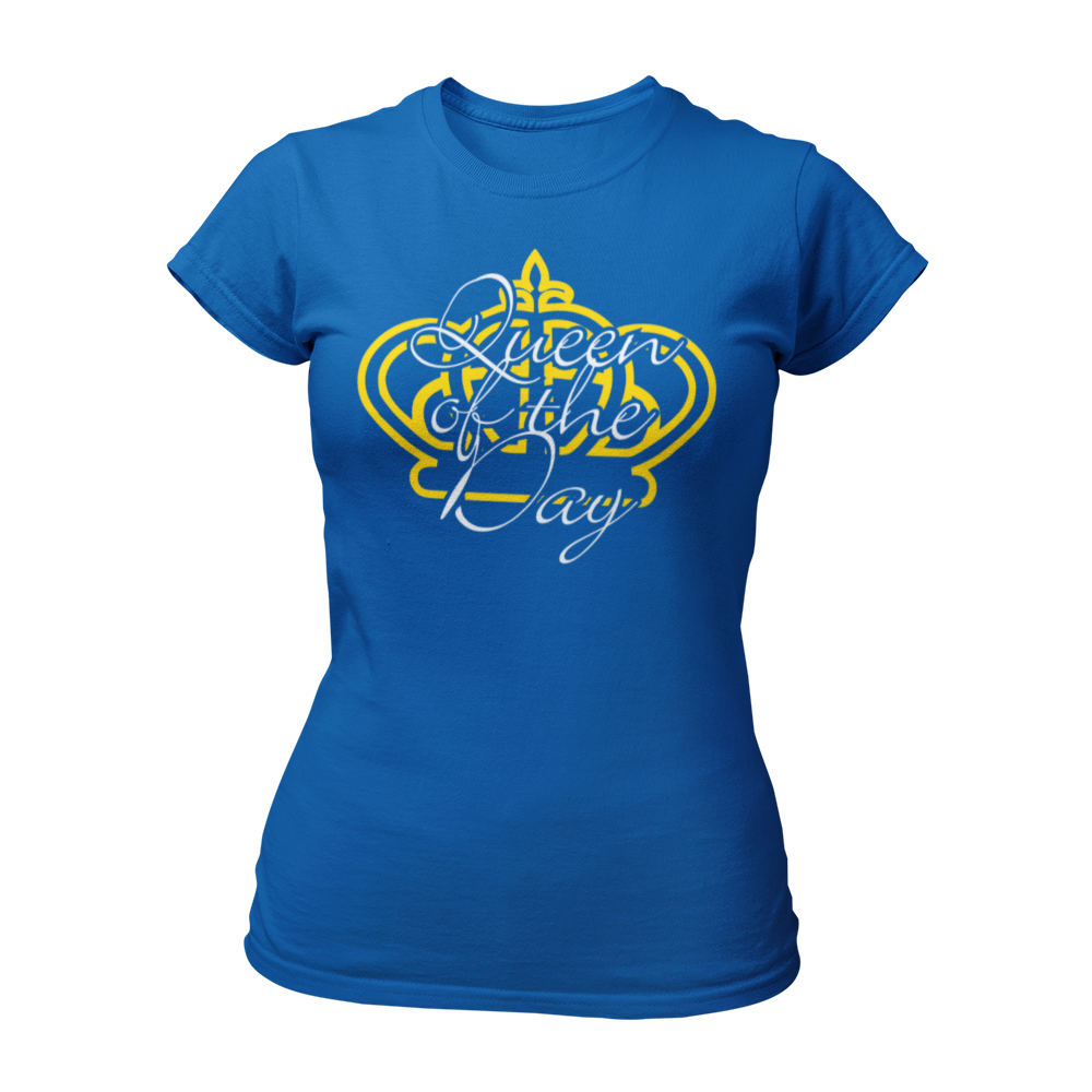 JGA T-Shirt "Queen of the Day" mit einer goldenen Krone und dem Schriftzug „Queen for a day“ in elegantem Schwarz und Gold. Ideal für die Braut und geeignet für verschiedene Feierlichkeiten.