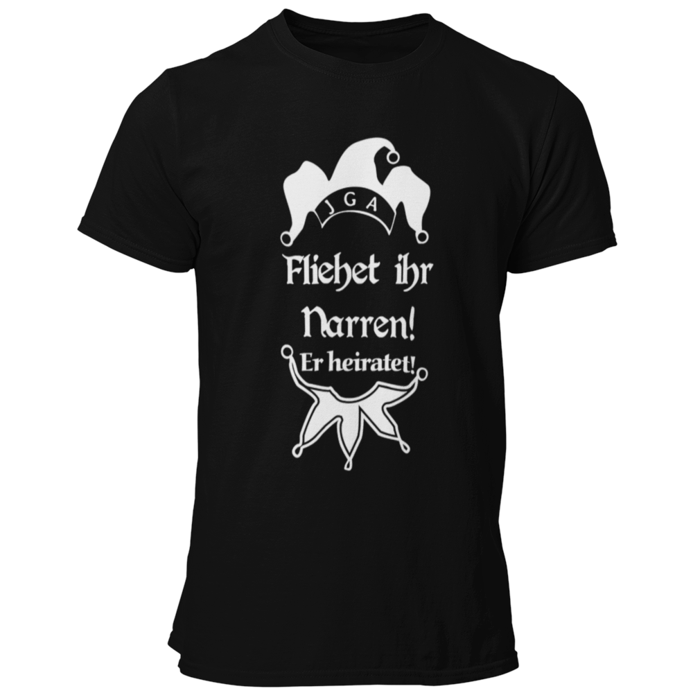 JGA T-Shirt mit dem witzigen Aufdruck 'Flieht ihr Narren! Er heiratet.' und einer Narrenkappe. Ideal für den Junggesellen und seine Crew, um den Bräutigam humorvoll zu unterstützen. Das Shirt besteht aus 100% Baumwolle und hat einen großen, mehrfarbigen Aufdruck, perfekt für spaßige Aktivitäten am Junggesellenabschied.