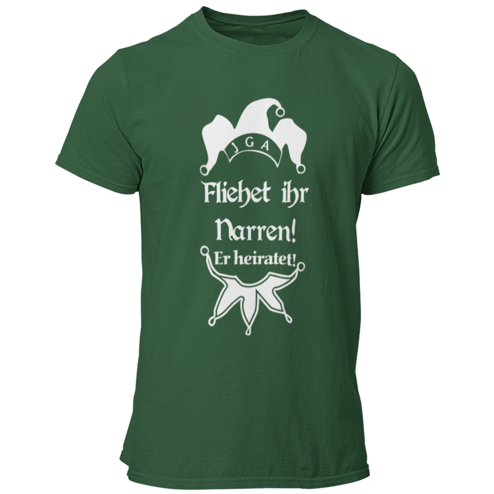 JGA T-Shirt mit dem witzigen Aufdruck 'Flieht ihr Narren! Er heiratet.' und einer Narrenkappe. Ideal für den Junggesellen und seine Crew, um den Bräutigam humorvoll zu unterstützen. Das Shirt besteht aus 100% Baumwolle und hat einen großen, mehrfarbigen Aufdruck, perfekt für spaßige Aktivitäten am Junggesellenabschied.