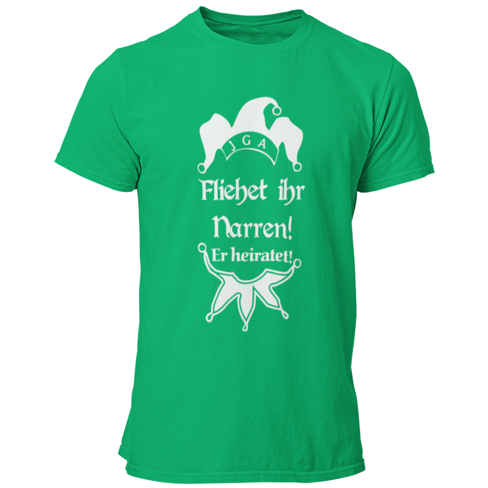 JGA T-Shirt mit dem witzigen Aufdruck 'Flieht ihr Narren! Er heiratet.' und einer Narrenkappe. Ideal für den Junggesellen und seine Crew, um den Bräutigam humorvoll zu unterstützen. Das Shirt besteht aus 100% Baumwolle und hat einen großen, mehrfarbigen Aufdruck, perfekt für spaßige Aktivitäten am Junggesellenabschied.