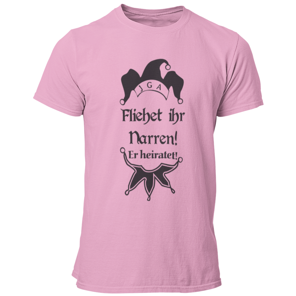JGA T-Shirt mit dem witzigen Aufdruck 'Flieht ihr Narren! Er heiratet.' und einer Narrenkappe. Ideal für den Junggesellen und seine Crew, um den Bräutigam humorvoll zu unterstützen. Das Shirt besteht aus 100% Baumwolle und hat einen großen, mehrfarbigen Aufdruck, perfekt für spaßige Aktivitäten am Junggesellenabschied.
