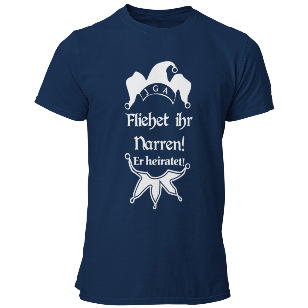 JGA T-Shirt mit dem witzigen Aufdruck 'Flieht ihr Narren! Er heiratet.' und einer Narrenkappe. Ideal für den Junggesellen und seine Crew, um den Bräutigam humorvoll zu unterstützen. Das Shirt besteht aus 100% Baumwolle und hat einen großen, mehrfarbigen Aufdruck, perfekt für spaßige Aktivitäten am Junggesellenabschied.