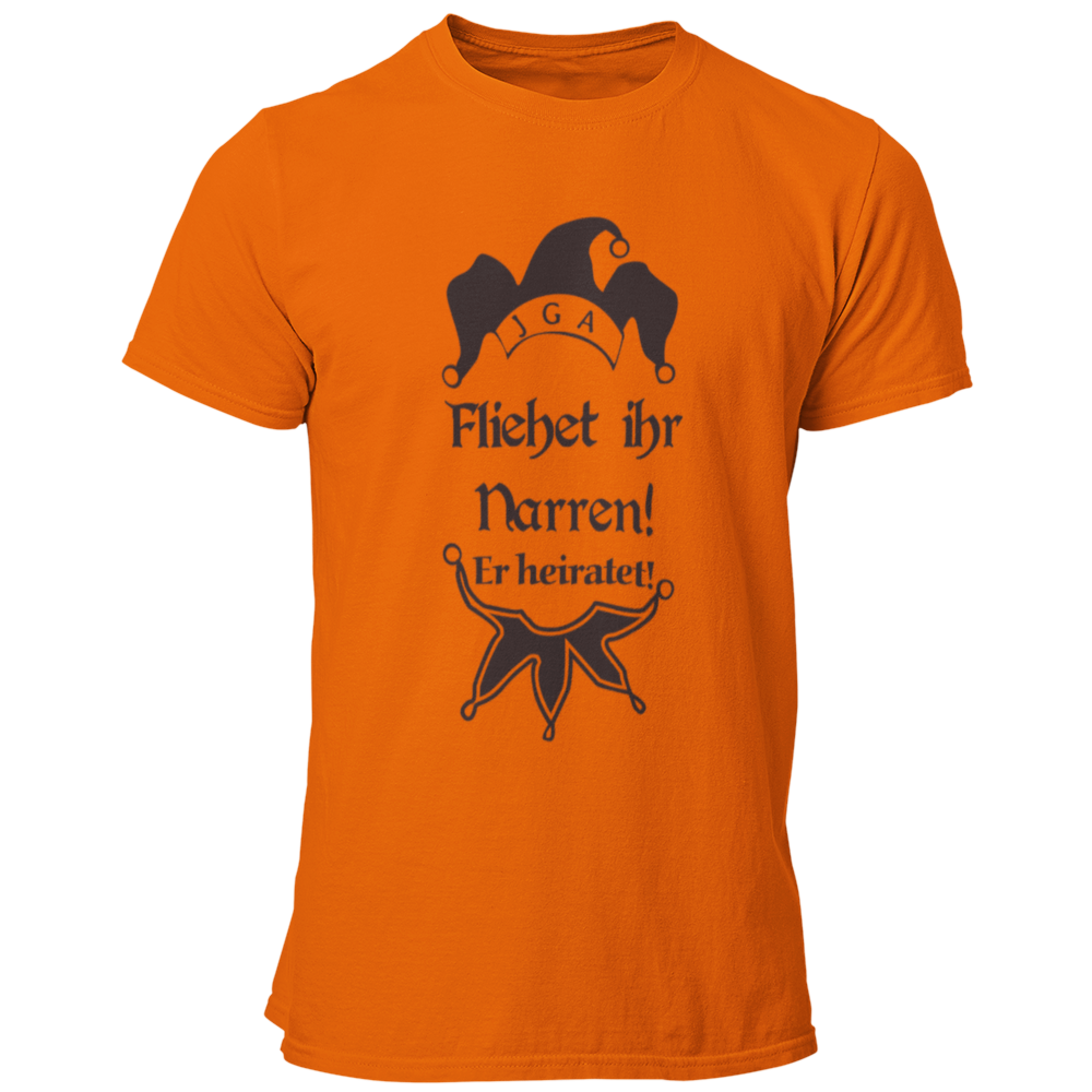 JGA T-Shirt mit dem witzigen Aufdruck 'Flieht ihr Narren! Er heiratet.' und einer Narrenkappe. Ideal für den Junggesellen und seine Crew, um den Bräutigam humorvoll zu unterstützen. Das Shirt besteht aus 100% Baumwolle und hat einen großen, mehrfarbigen Aufdruck, perfekt für spaßige Aktivitäten am Junggesellenabschied.