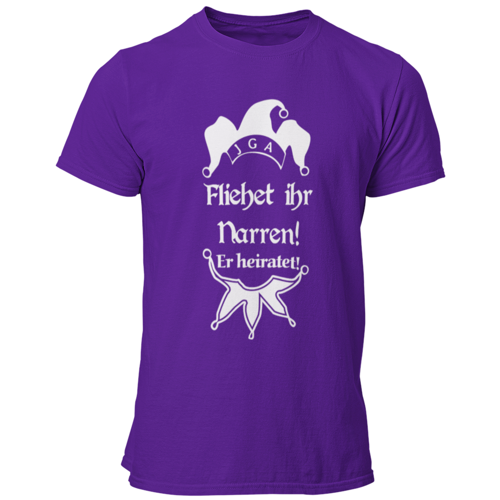 JGA T-Shirt mit dem witzigen Aufdruck 'Flieht ihr Narren! Er heiratet.' und einer Narrenkappe. Ideal für den Junggesellen und seine Crew, um den Bräutigam humorvoll zu unterstützen. Das Shirt besteht aus 100% Baumwolle und hat einen großen, mehrfarbigen Aufdruck, perfekt für spaßige Aktivitäten am Junggesellenabschied.
